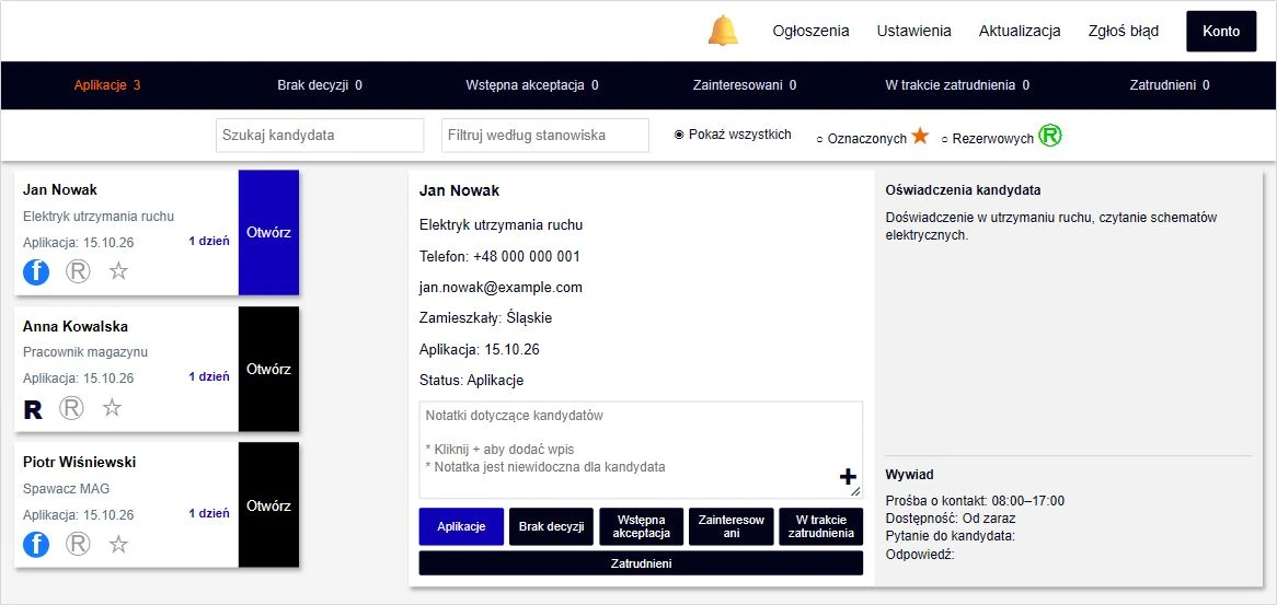 Przykładowy CRM Rekrunext: lista aplikacji, karta kandydata, notatki i etapy rekrutacji